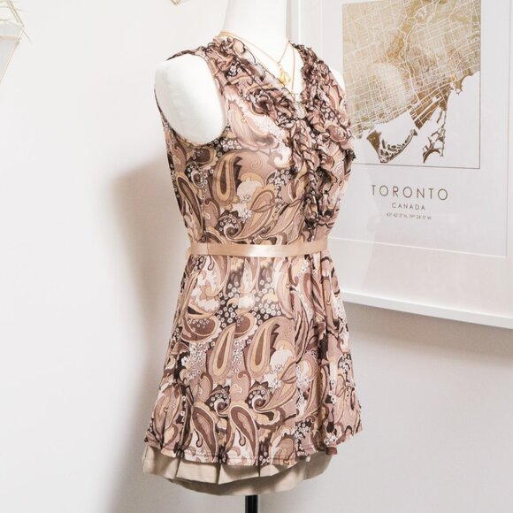 Y2K Sheer Brown Paisley Ruffle Collar Tank Top ☕️ JAPANESE BRAND - Picture 4 of 8
